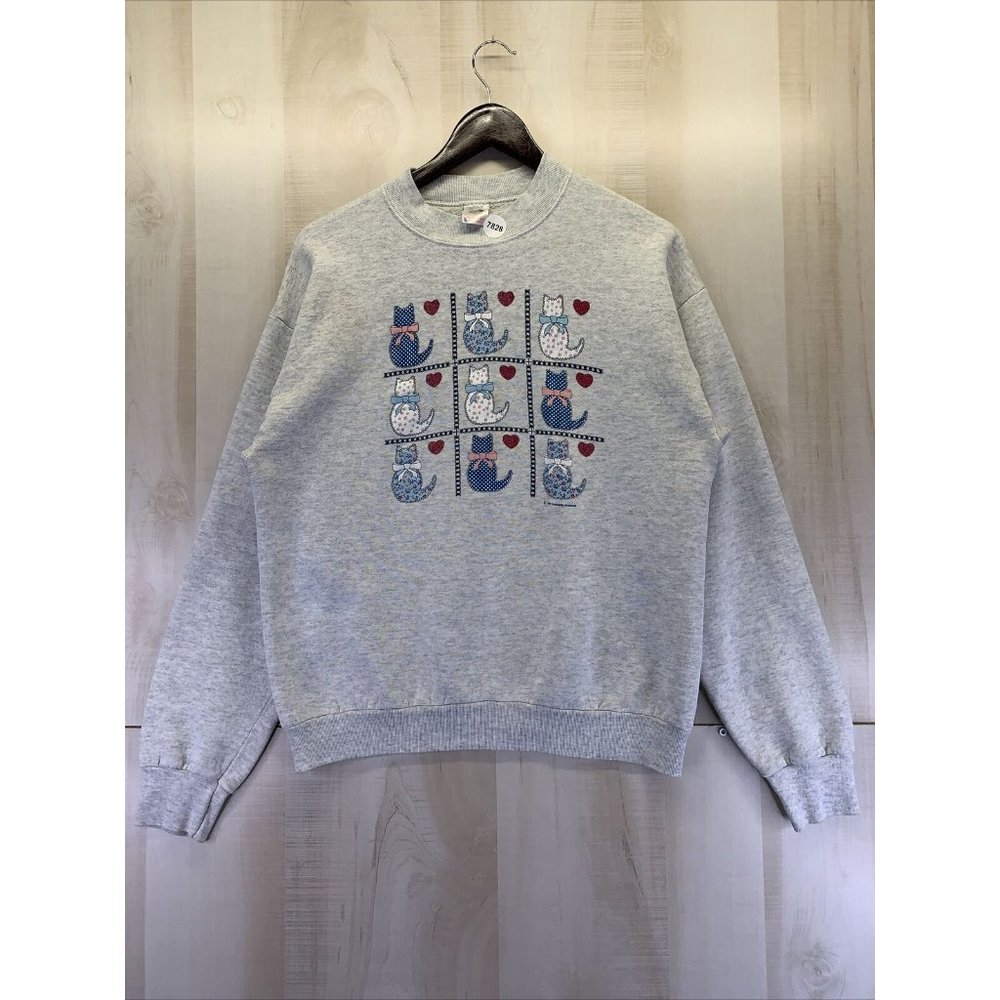 Vintage 1981 Quilted Cats Grandma Sweatshirt Graphic Print Made in USA Size L